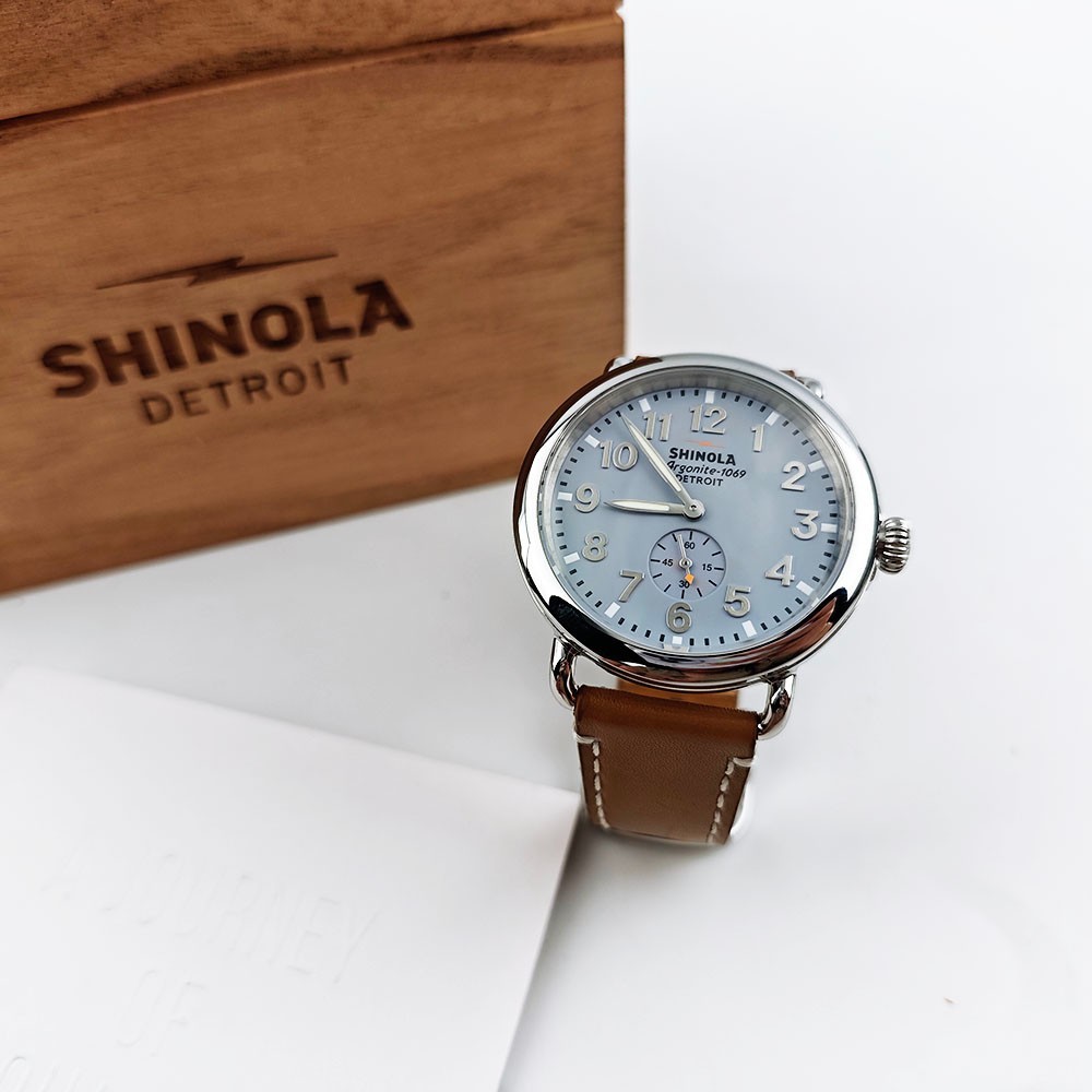 Shinola The Runwell 41mm Quartz Men’s Slate Blue Dial Tan Leather Strap Watch