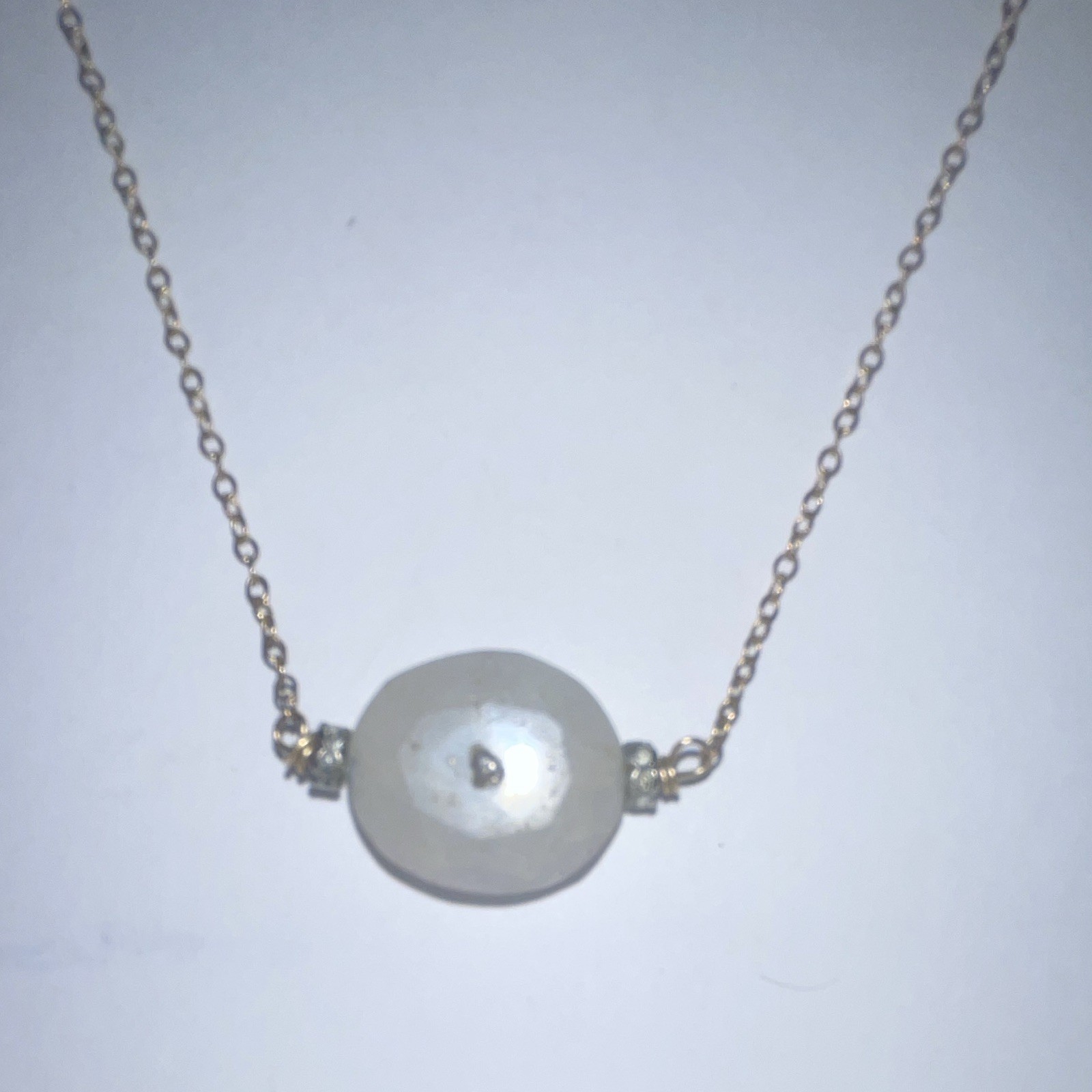 Gold Tone Cable Chain Necklace w/ Round White Agate Stone Charm Pendant