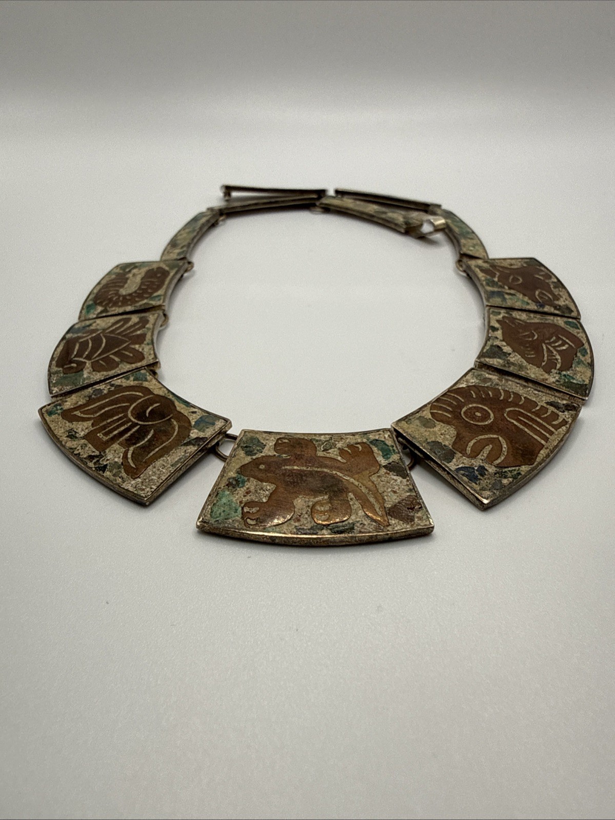 VTG HECHO EN MEXICO 925 STERLING MIXED STONES AZTEC NECKLACE.56.8 GRAMS.SIGN DH?
