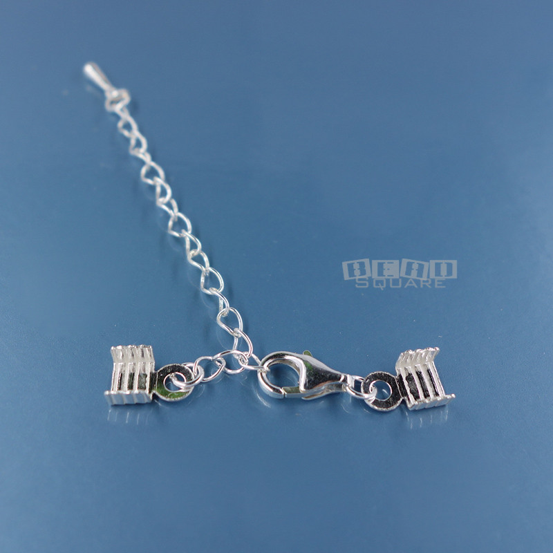 Sterling Silver Lobster Claw Clasp w/ Crimp Cord End Cap Set, 2″ Extender #44002