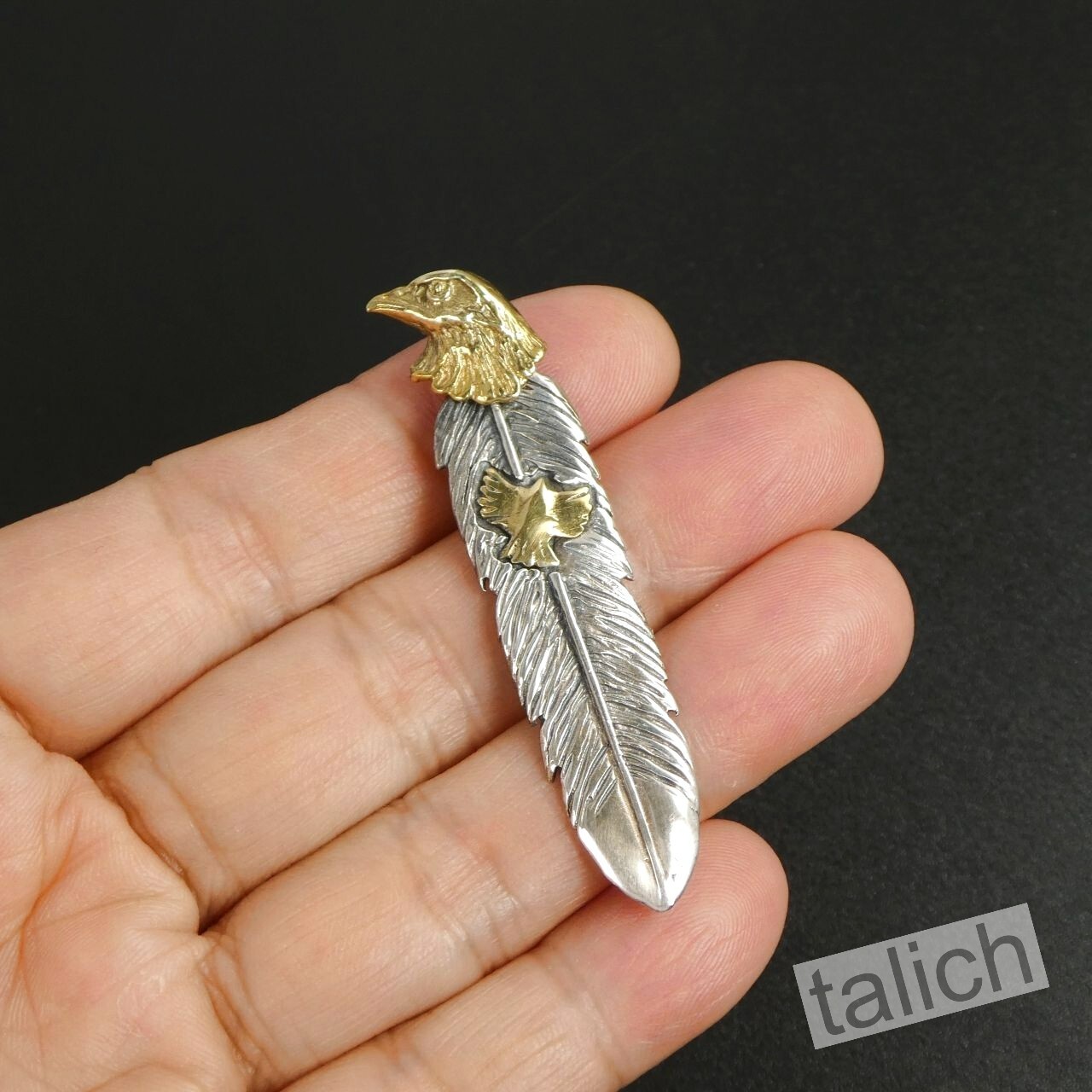925 Sterling Silver Feather with Shiny Brass Eagle Head Pendant Great Details