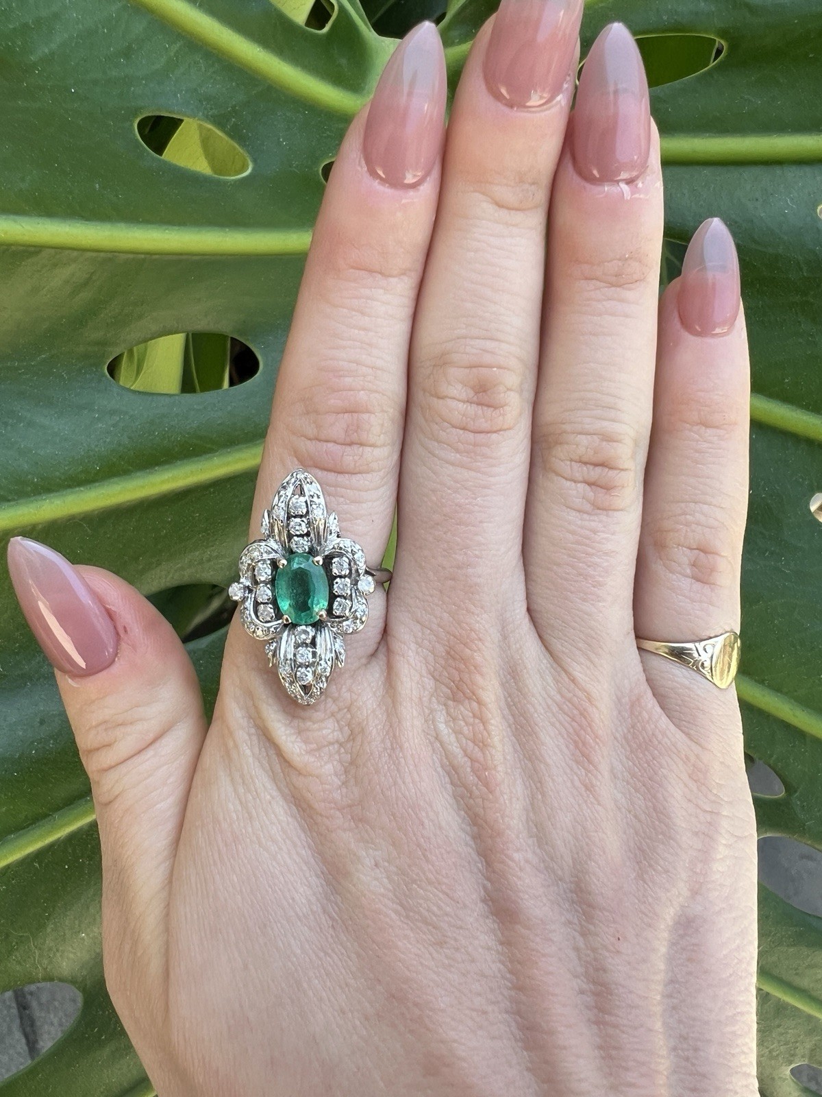 STUNNING 1ct EMERALD ring 14k white gold MANY diamonds MAY birthday ART DECO