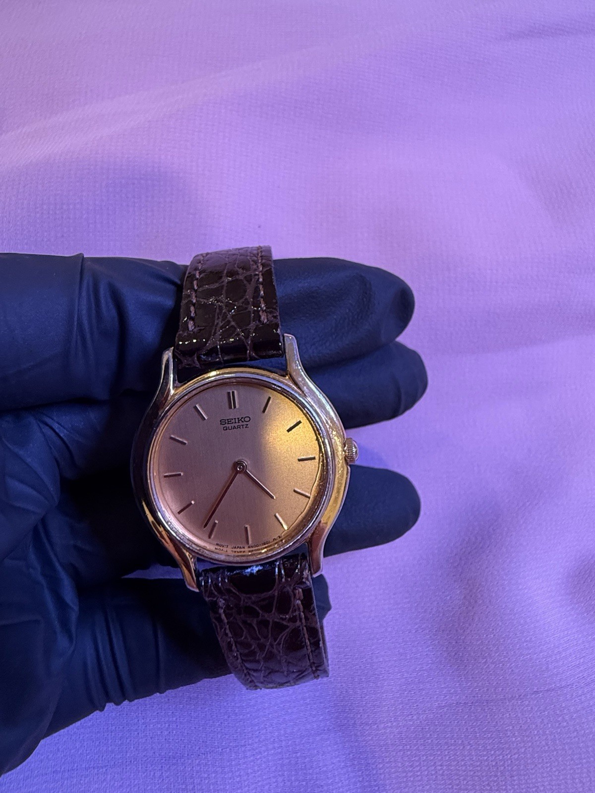 Vintage 1991 Seiko Quartz Dress Watch Gold Dial Brown Leather Strap -Working