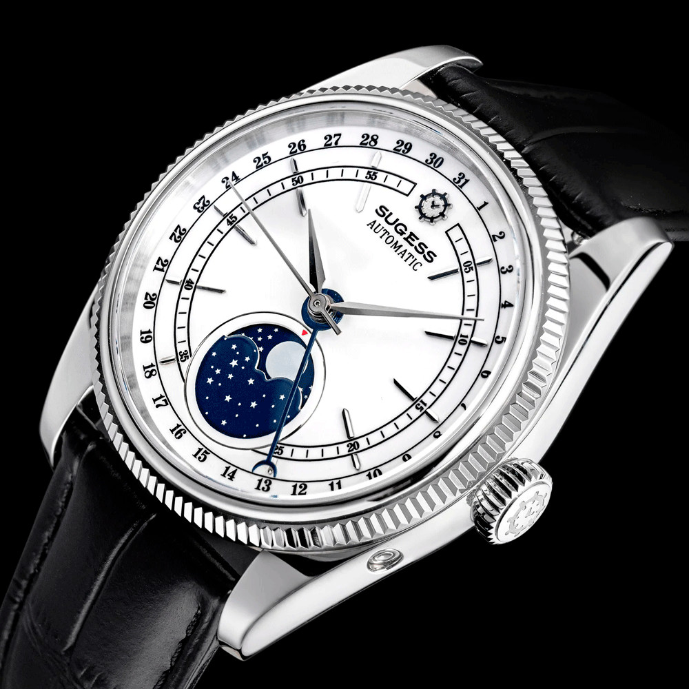 Sugess S452 Automatic Steel Black Leather White Moonphase Men’s Watch