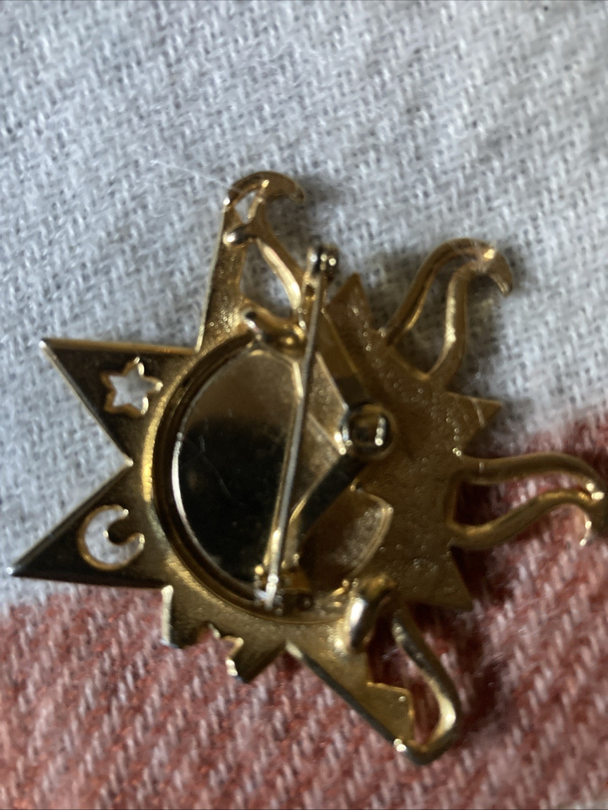 Vtg JJ Jonette Jewelry Signed Gold Sun Face Moon Star Silver Hologram Pin Brooch