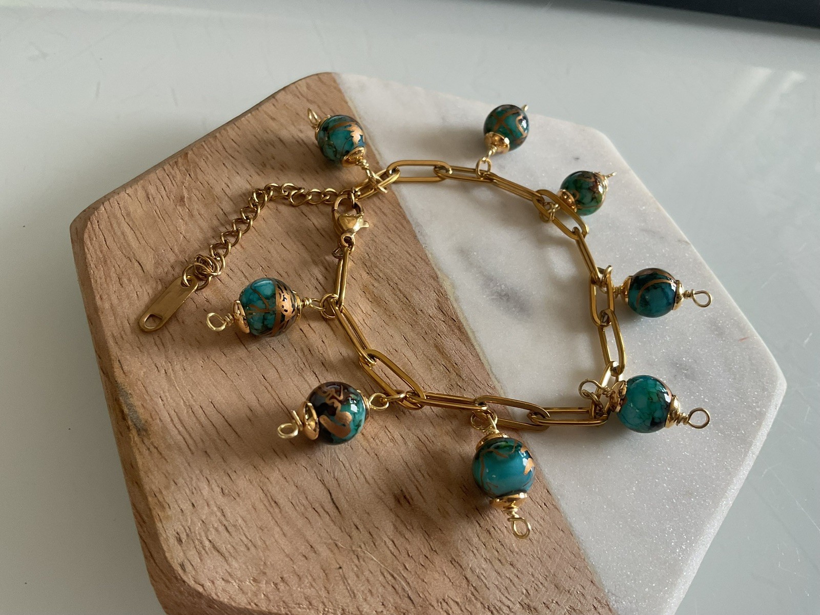 Gold Paperclip Chain Bracelet Turquoise Murano Glass Bead Charms