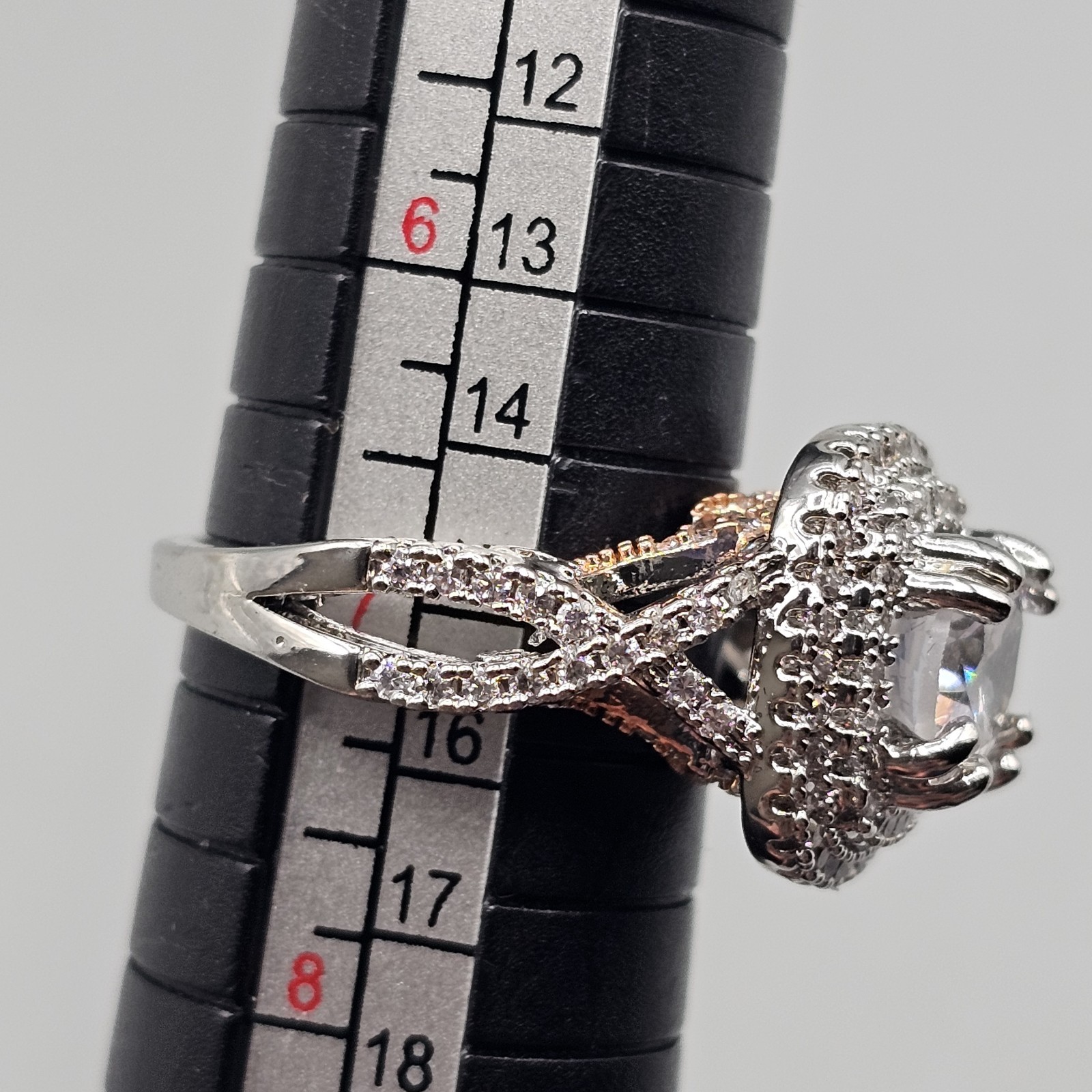 CZ Engagement Cocktail Ring Two Tone Double Halo Open Work Band Size 6.75