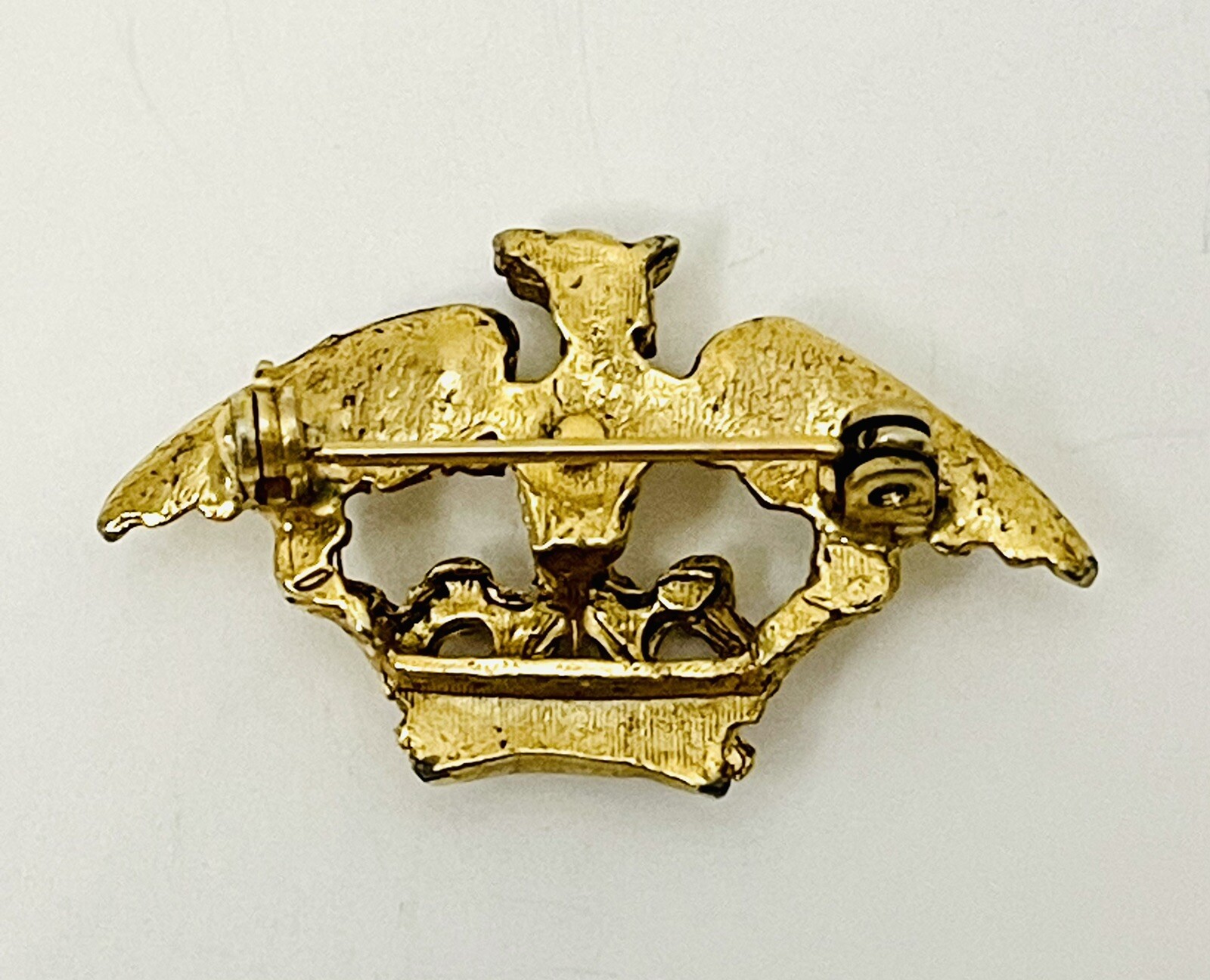 Vintage Eagle Spread Wings On A Royal Crown 3D Gold Tone Pin Brooch