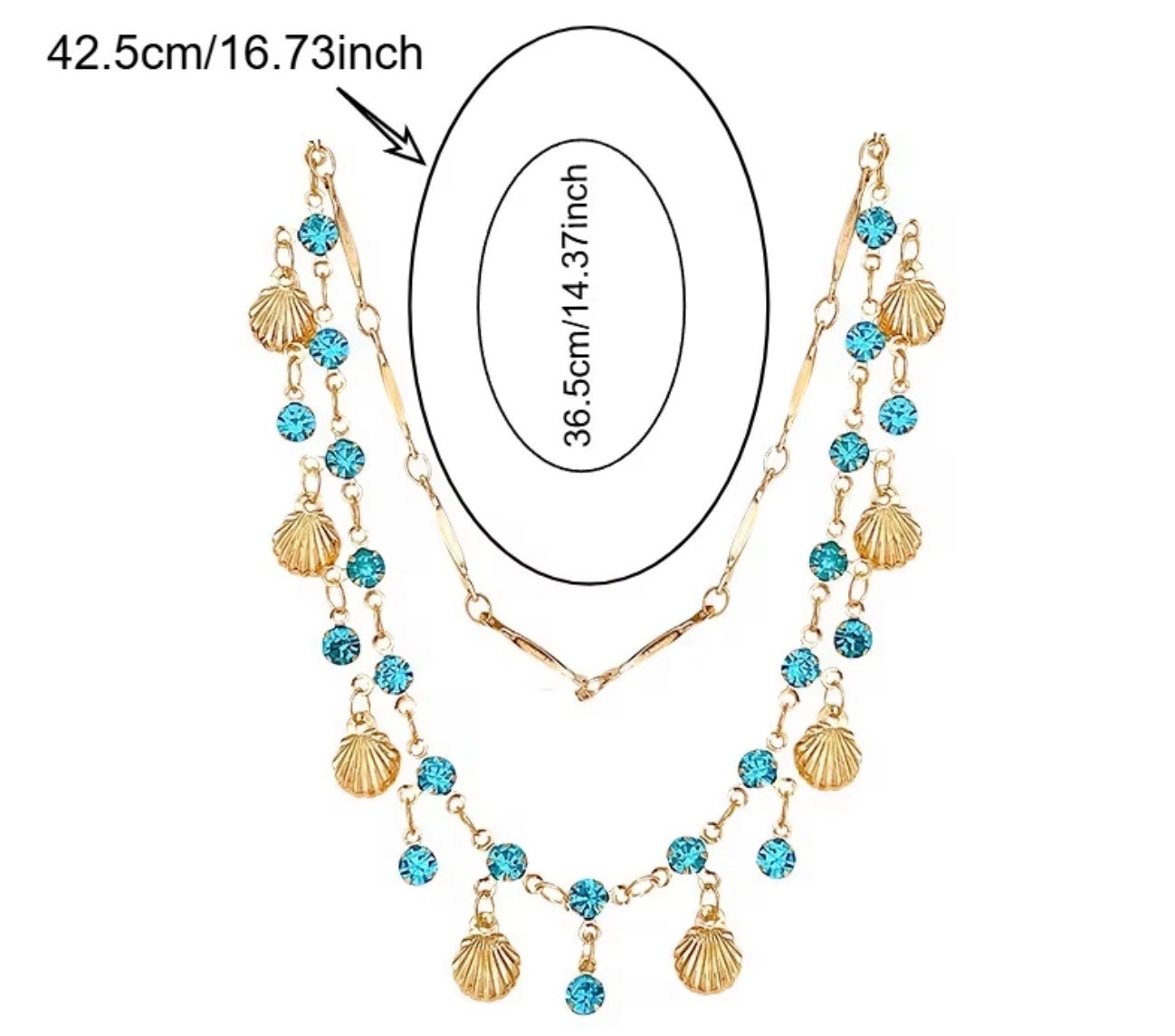 Blue Layered Necklace & Bracelet Set Gold Tone Elegant Seashell Beach Vacation