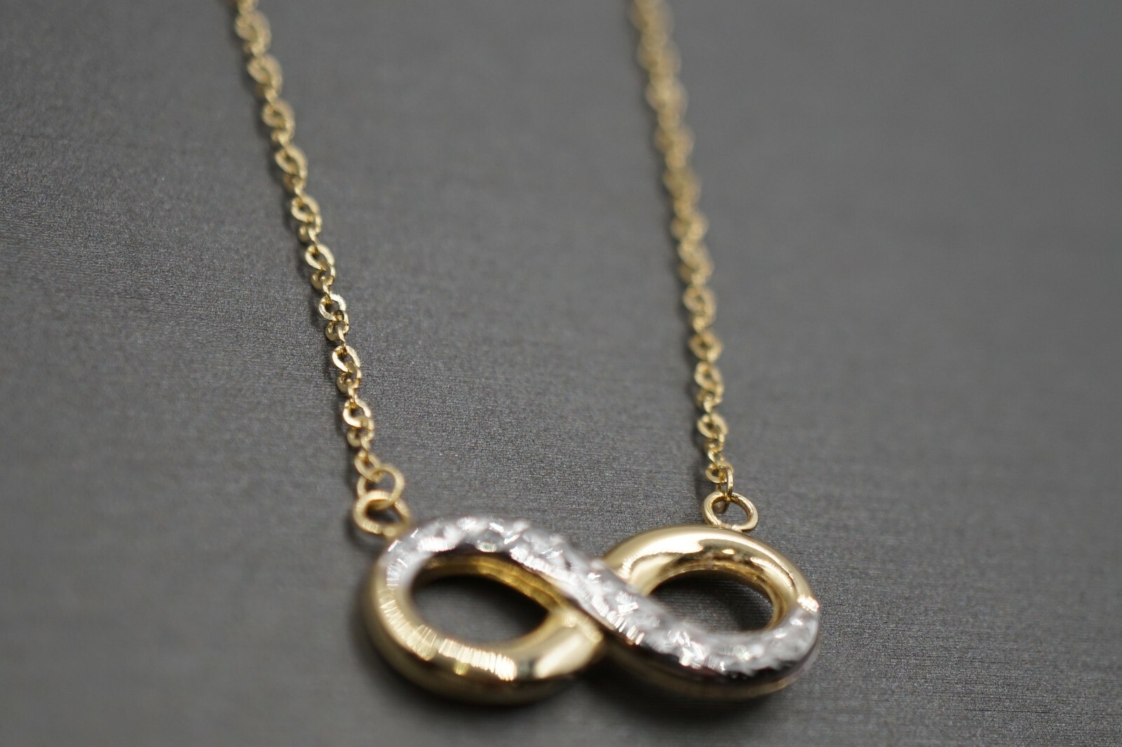 14K Yellow Gold Hollow Diamond Cut Two Tone Infinity Charm Pendant Necklace.17+1