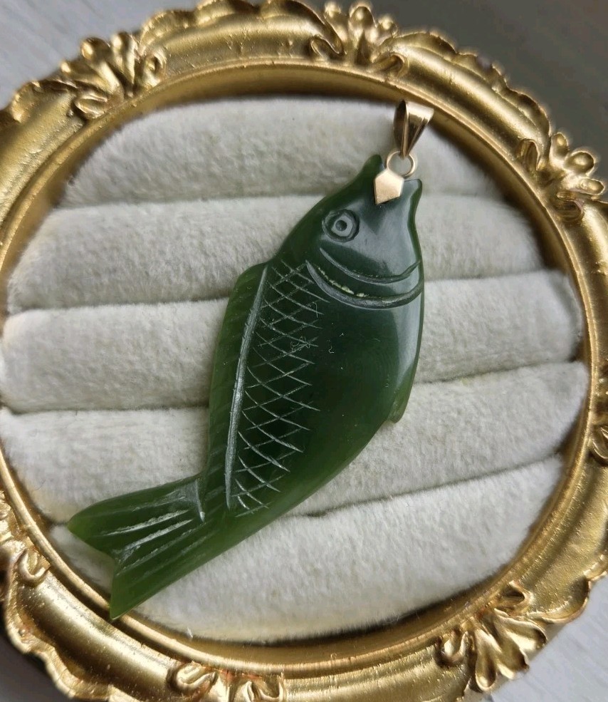 14k Yellow Gold Pendant With A Large Green Jadeite Hand Carved Koi Fish