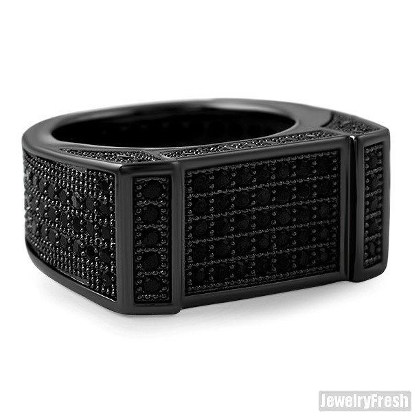 All Black Custom Lab Made Flat Bar 360 Iced Out Mens Hip Hop Ring
