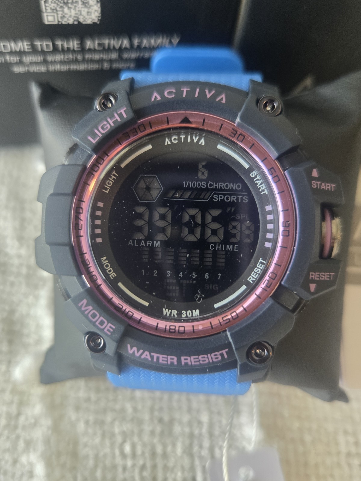 Activa Digital Quartz Sports Watch Blue Resin Strap Alarm Chrono WR30m 50mm -New