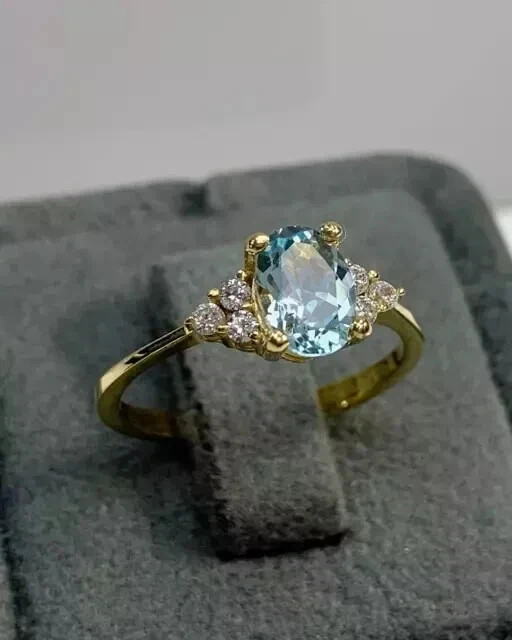 2Ct Oval Cut Simulated Aquamarine Women Engagement Ring 14K Yellow Gold Plated