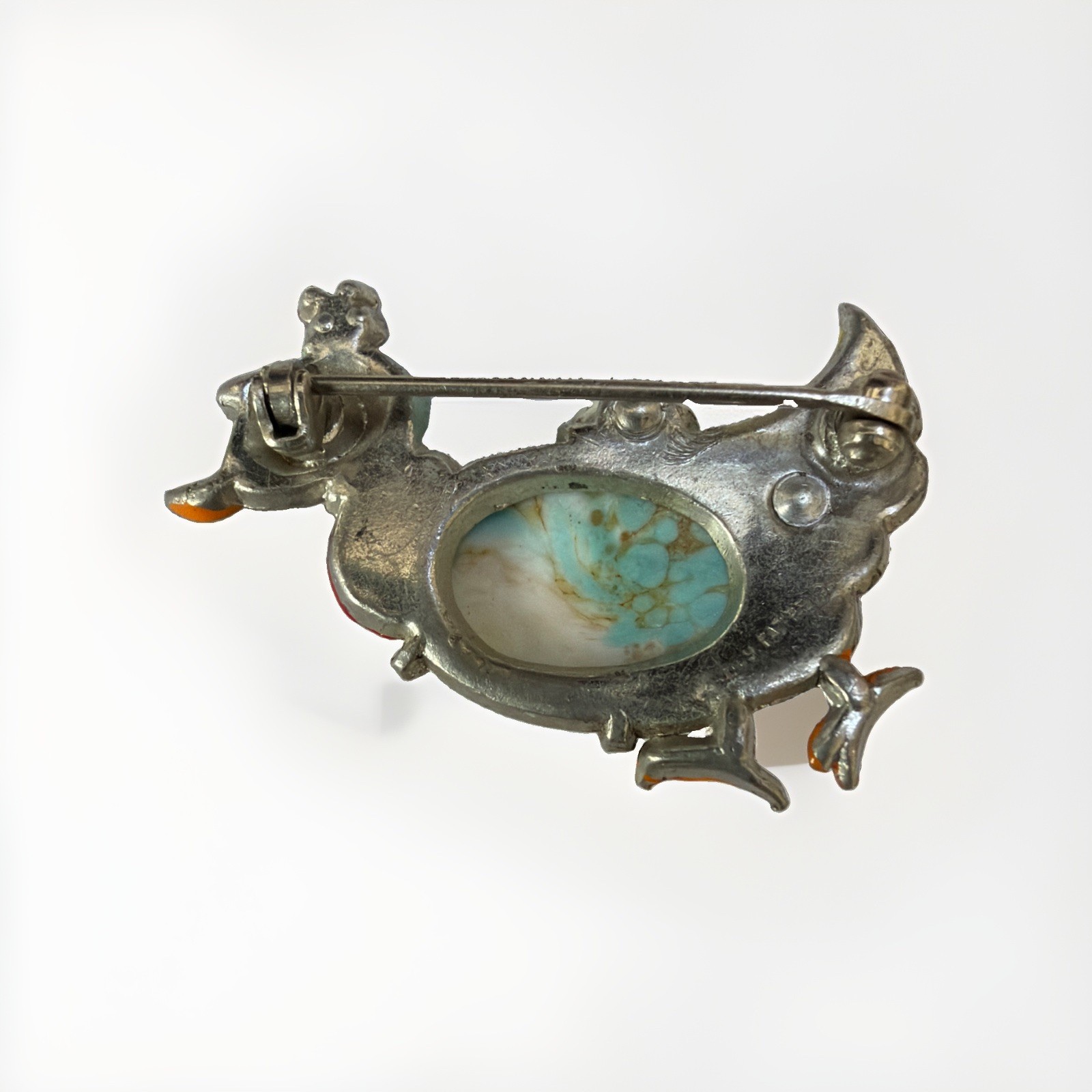 Vintage Coro Duck Broch Mottled Blue Glass ,Rhinestone Wings Enamel Feet 1 3/4