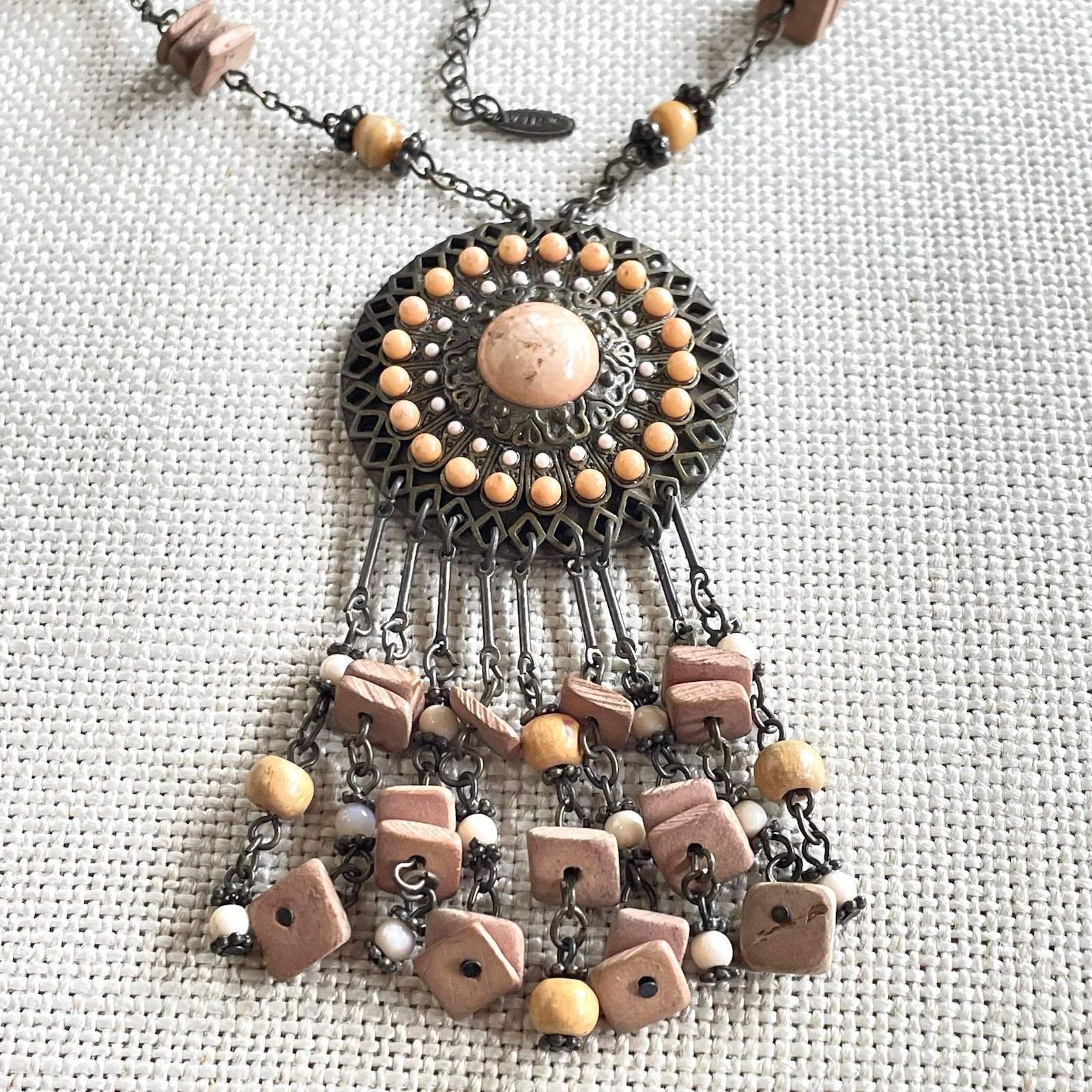 VTG VCLM Signed Boho Statement Medallion Necklace Peach Wood Bead Fringe Fringe