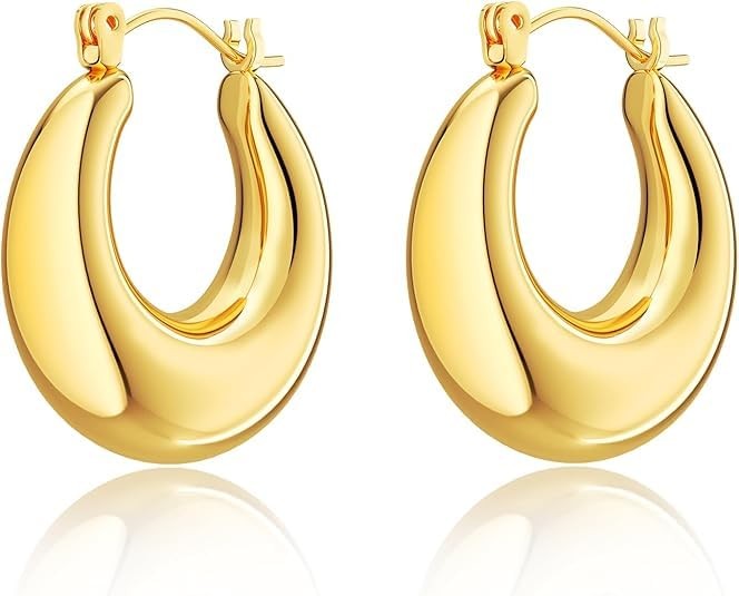 Tewiky Chunky Gold Earrings for Women, 14k 25 millimeters, oval hoop earrings