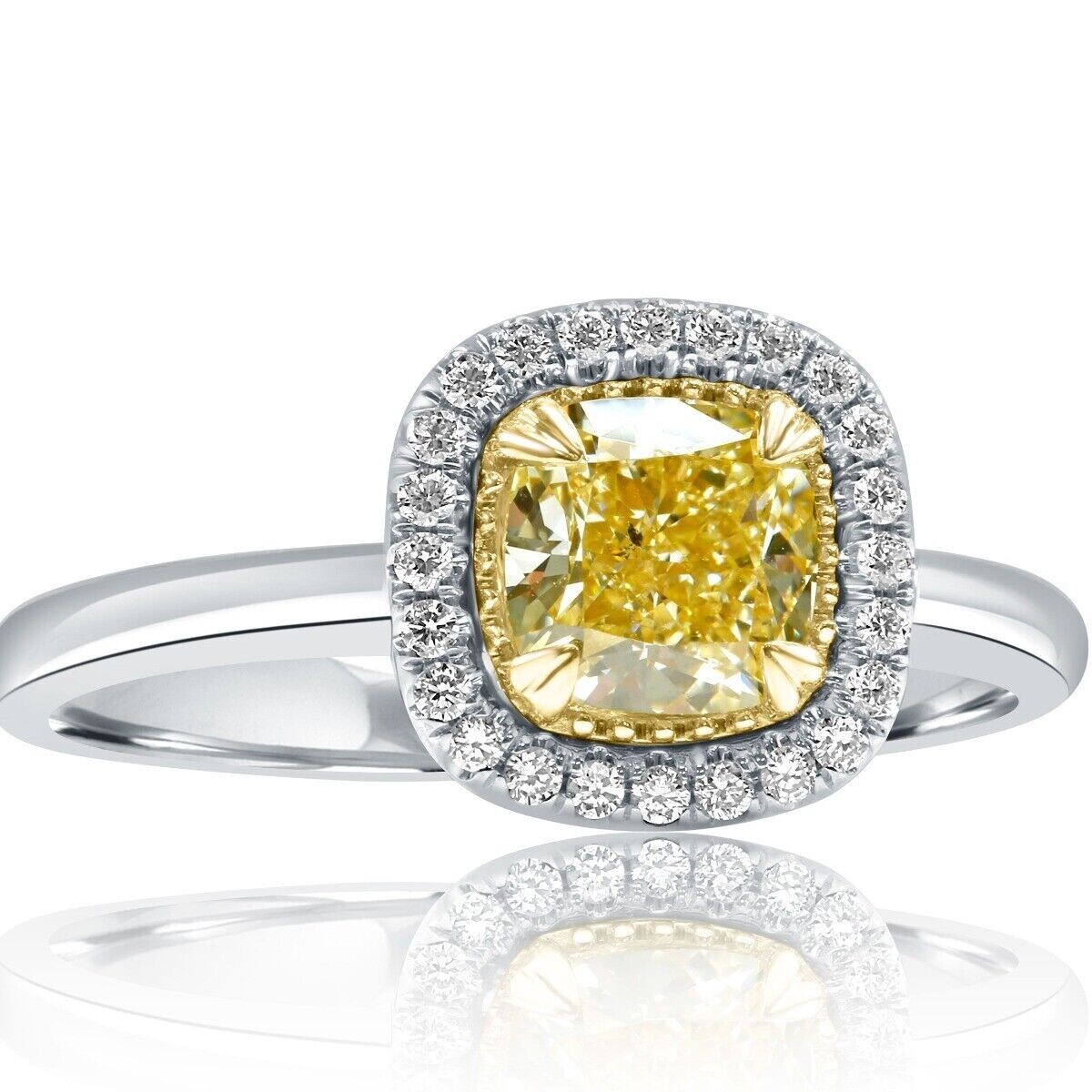 GIA 1.20 TCW Cushion Light Yellow Halo Diamond Engagement Ring 14k White Gold