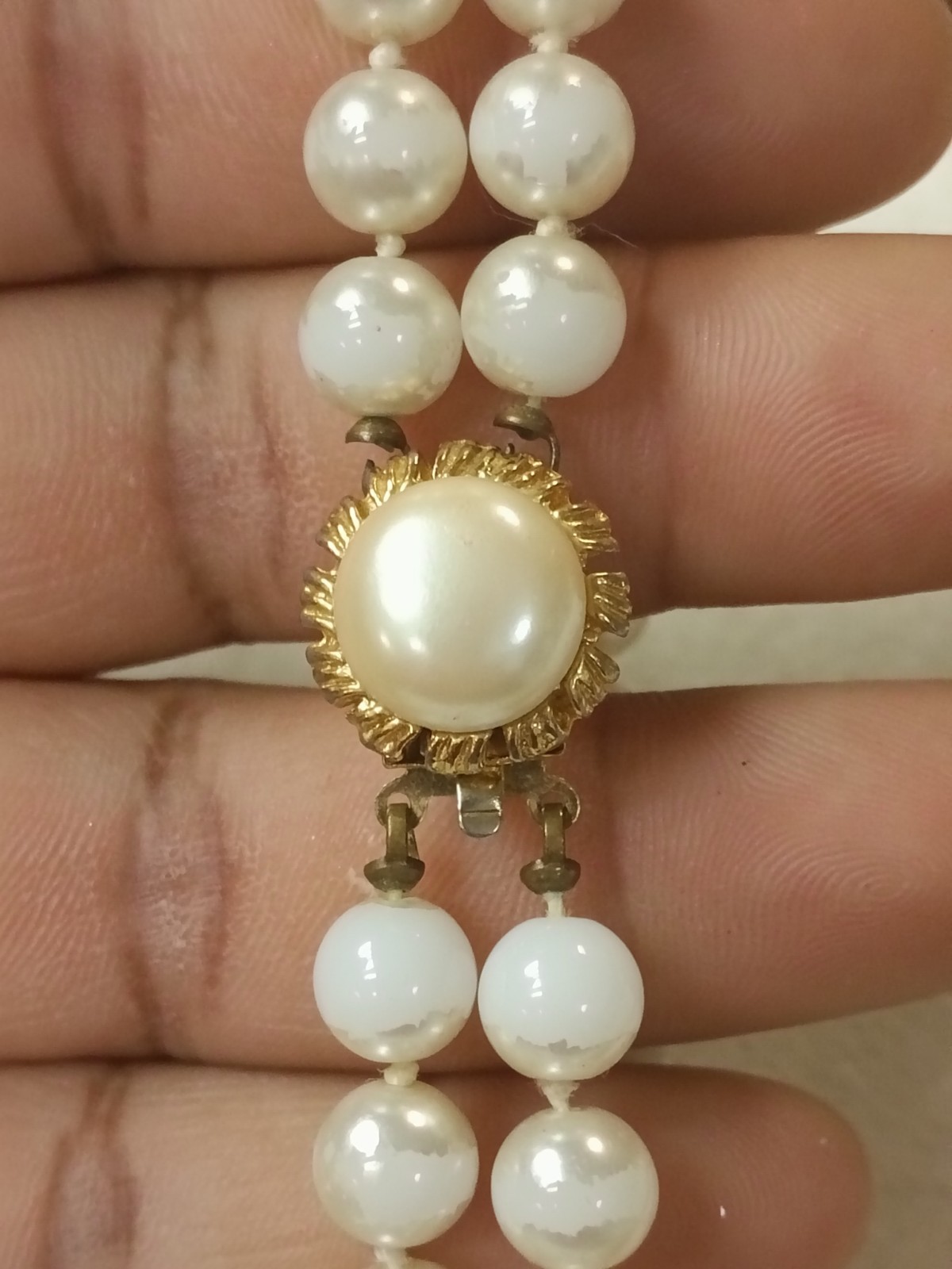 vintage Double Strand White Imitation Pearl Beaded Bracelet, 7 in, Box Clasp