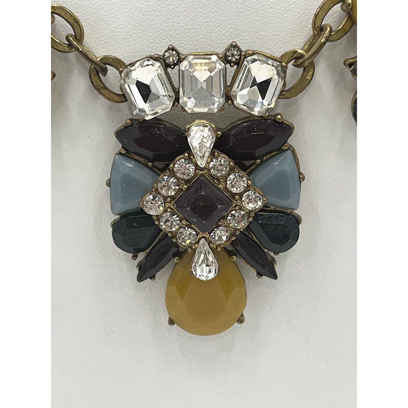 J. Crew Mustard Yellow Blue Eggplant Antique Gold Rhinestone Statement Necklace