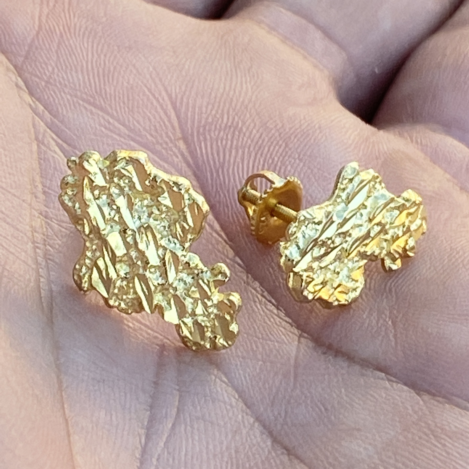 14K Gold Plated Nugget Cut Earrings Real 925 Sterling Silver Screw Back 20MM