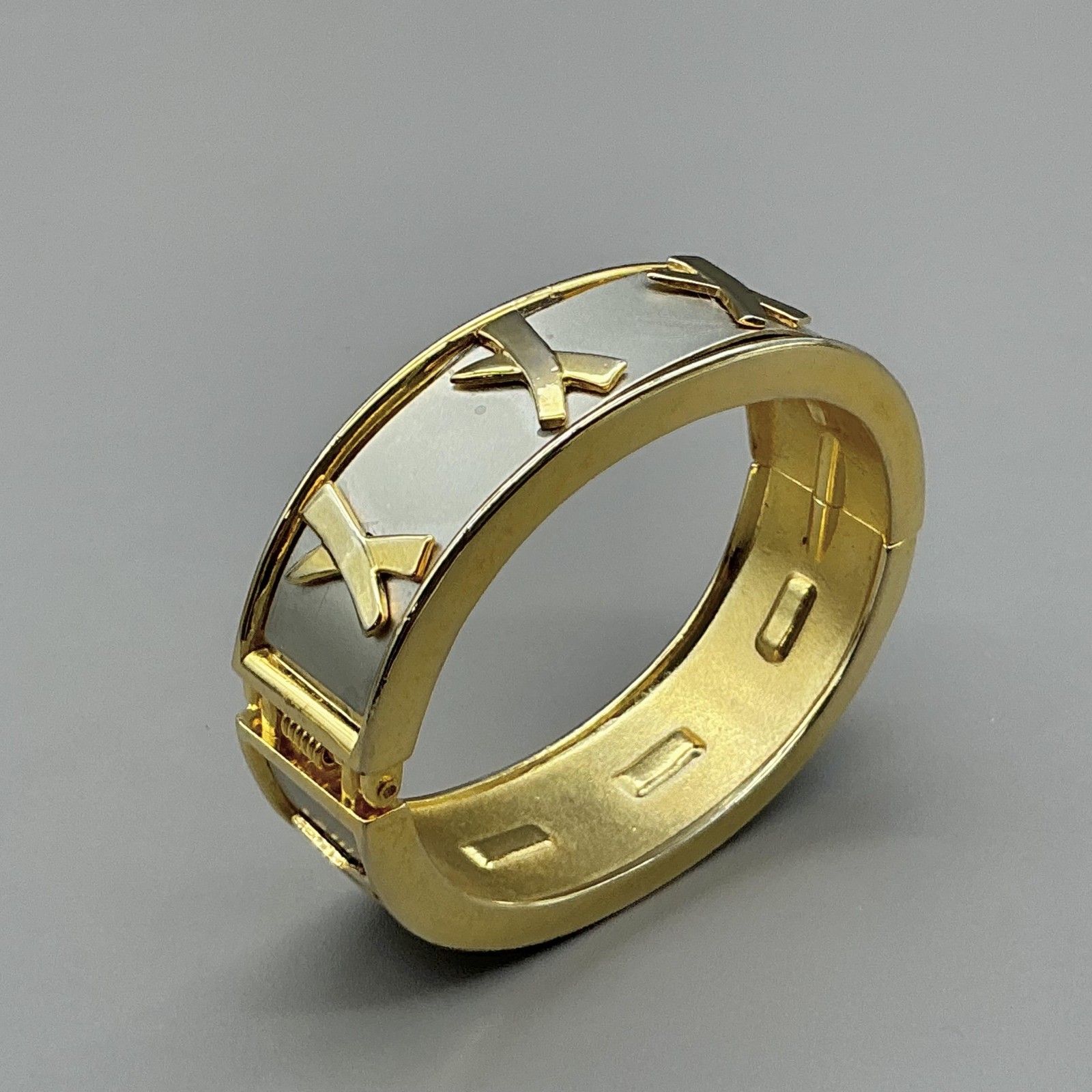 Bracelet Gold Tone Gray X Motif Hinged Bangle Push Lock Womens Fashion Jewelry