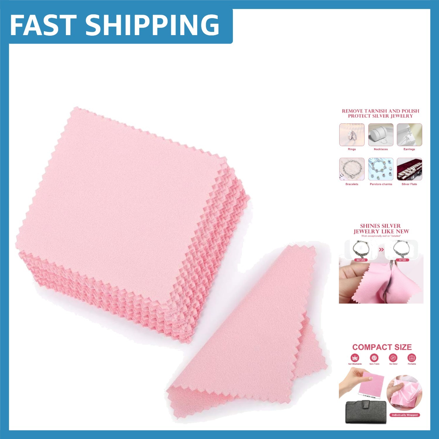 50-Pack Pink Suede Jewelry Cleaning Cloths for Silver, Gold & Platinum Shine