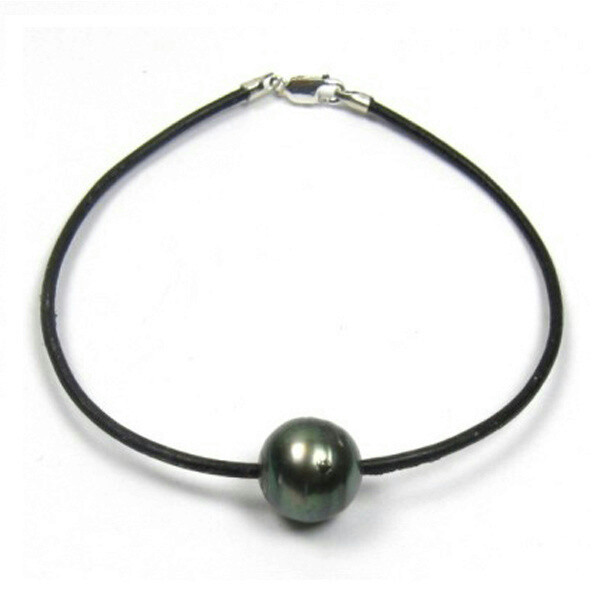7.5″ 11-12mm Tahitian Black Pearl Genuine Leather Cord Bracelet