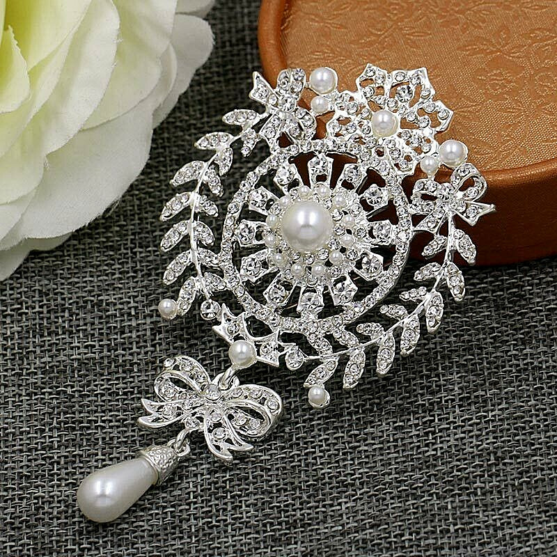 Massive ELEGANT Silver Pearl & RHINESTONE Vintage Inspired Glamor RUNWAY Brooch