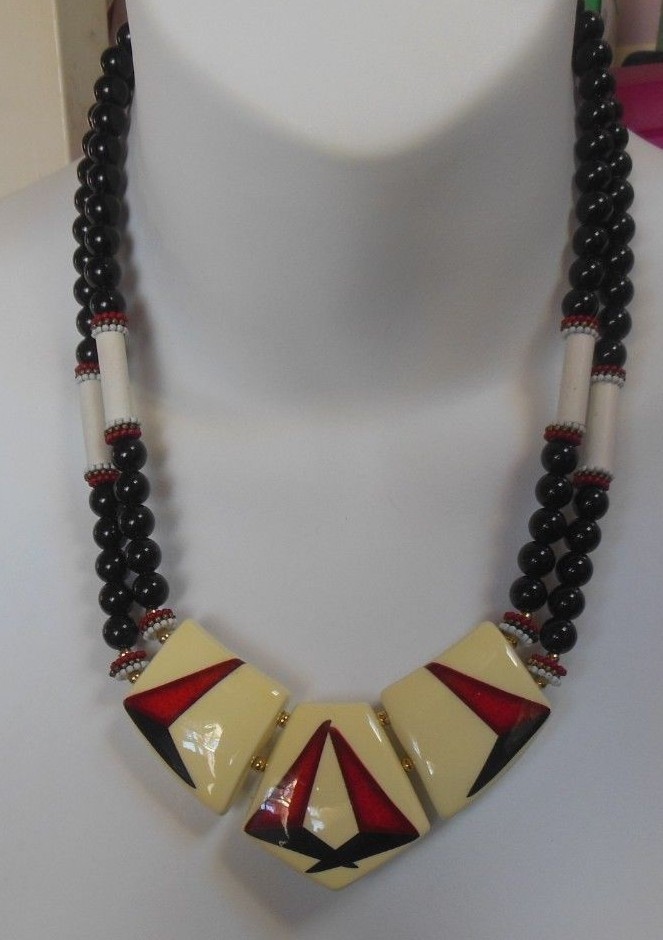 Vintage Double Strand Black, Red, White Bead Necklace W/Ceramic Enamel Panels