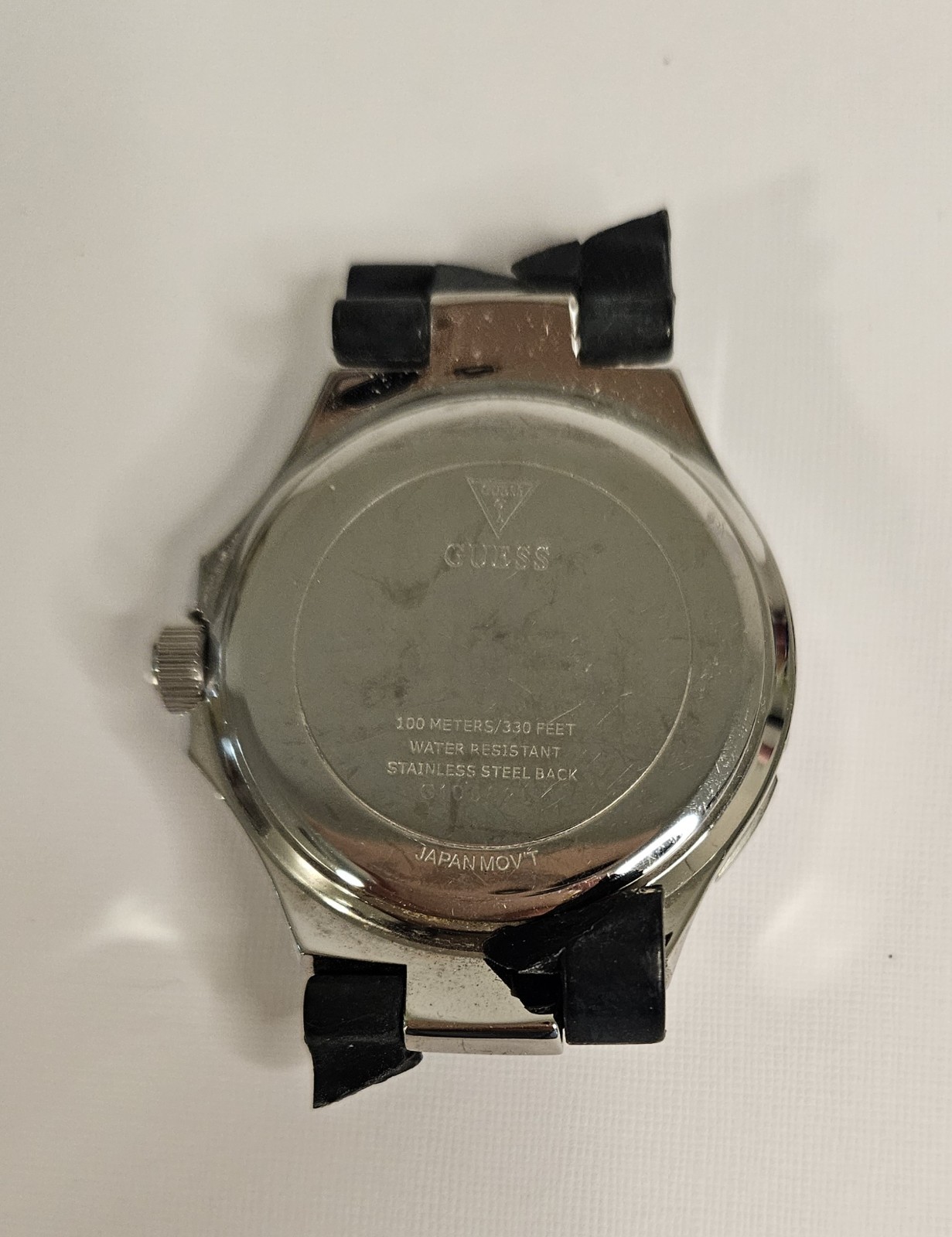 GUESS Women’s Analog Quartz Watch 100m Silver Dial Gem Bezel Black Rubber