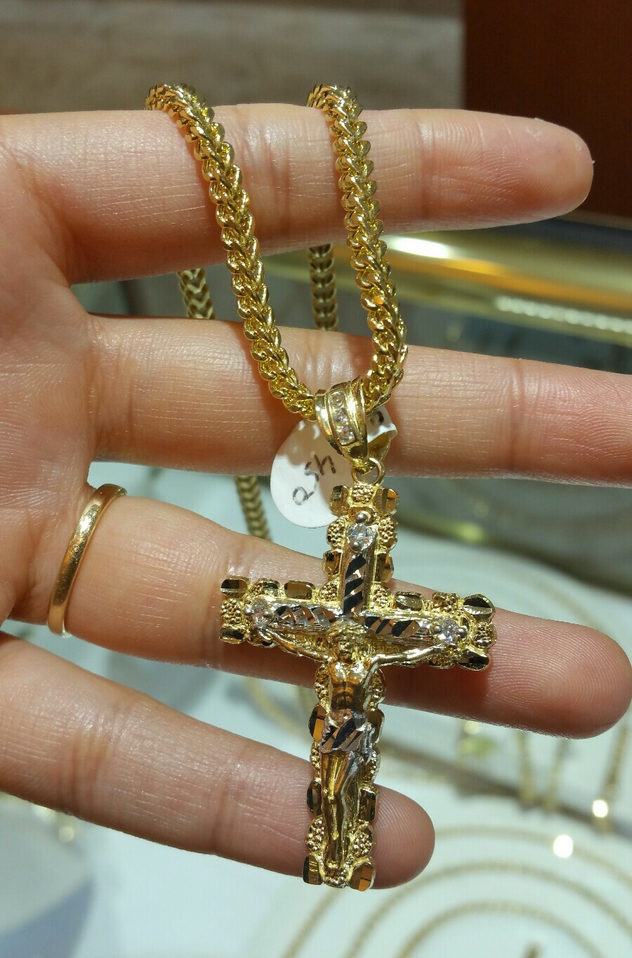 Real 10k Yellow Gold Mens Jesus Cross Charm/Pendant with 22″ franco chain