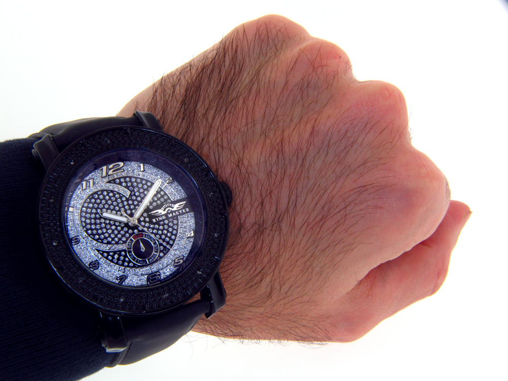 KING MASTER WATCH MENS DIAMOND LARGE JOJO BLACK CASE FACE LEATHER BAND HIPHOP