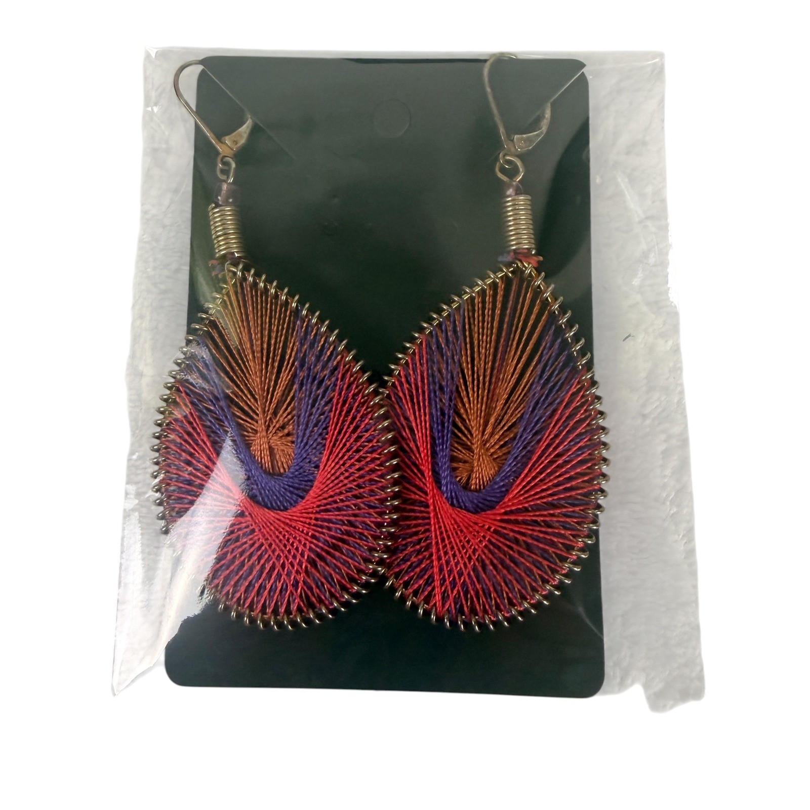 Bohemian String Art Teardrop Earrings Red Purple Brown Woven Fiber Jewelry