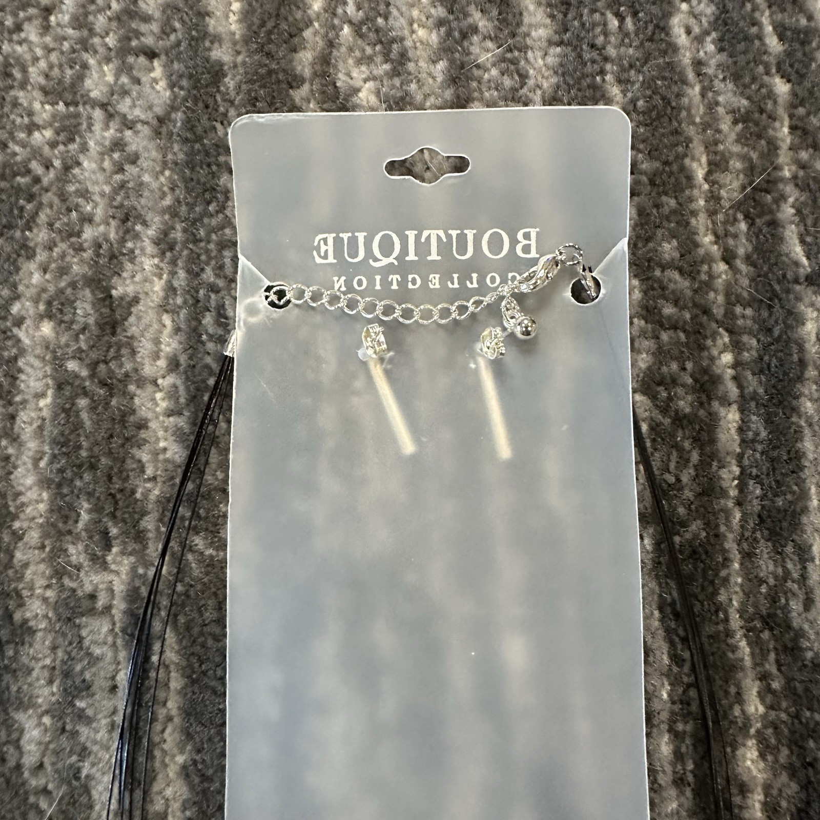 Boutique Necklace Earring Set Bar Vertical Silver Tone Tube Black Cord Jewelry