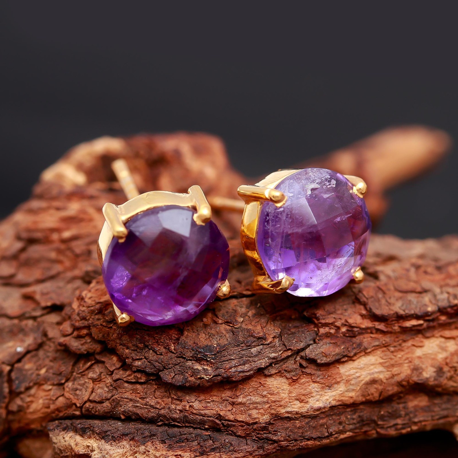 Natural Pink Amethyst Round Stud Earrings Gold Fill 925 Sterling Silver Jewelry