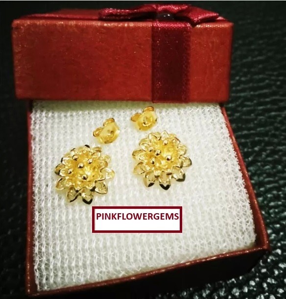 23K 24K Stud Earrings Hibiscus Flower Thai Baht Yellow Gold Plated Excellent!