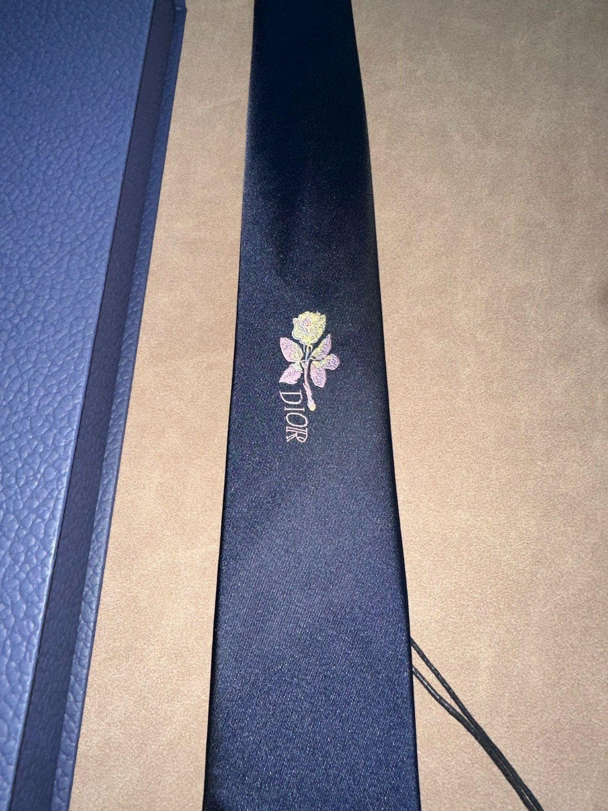 Dior Silk Tie Solid Navy Blue Floral Logo Rose Pattern Made in Italy 2.75 Widest