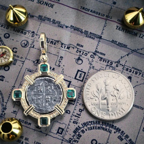 Atocha Silver Coin Pendant 14k Gold Overlay Emerald Cut Topaz Certificate