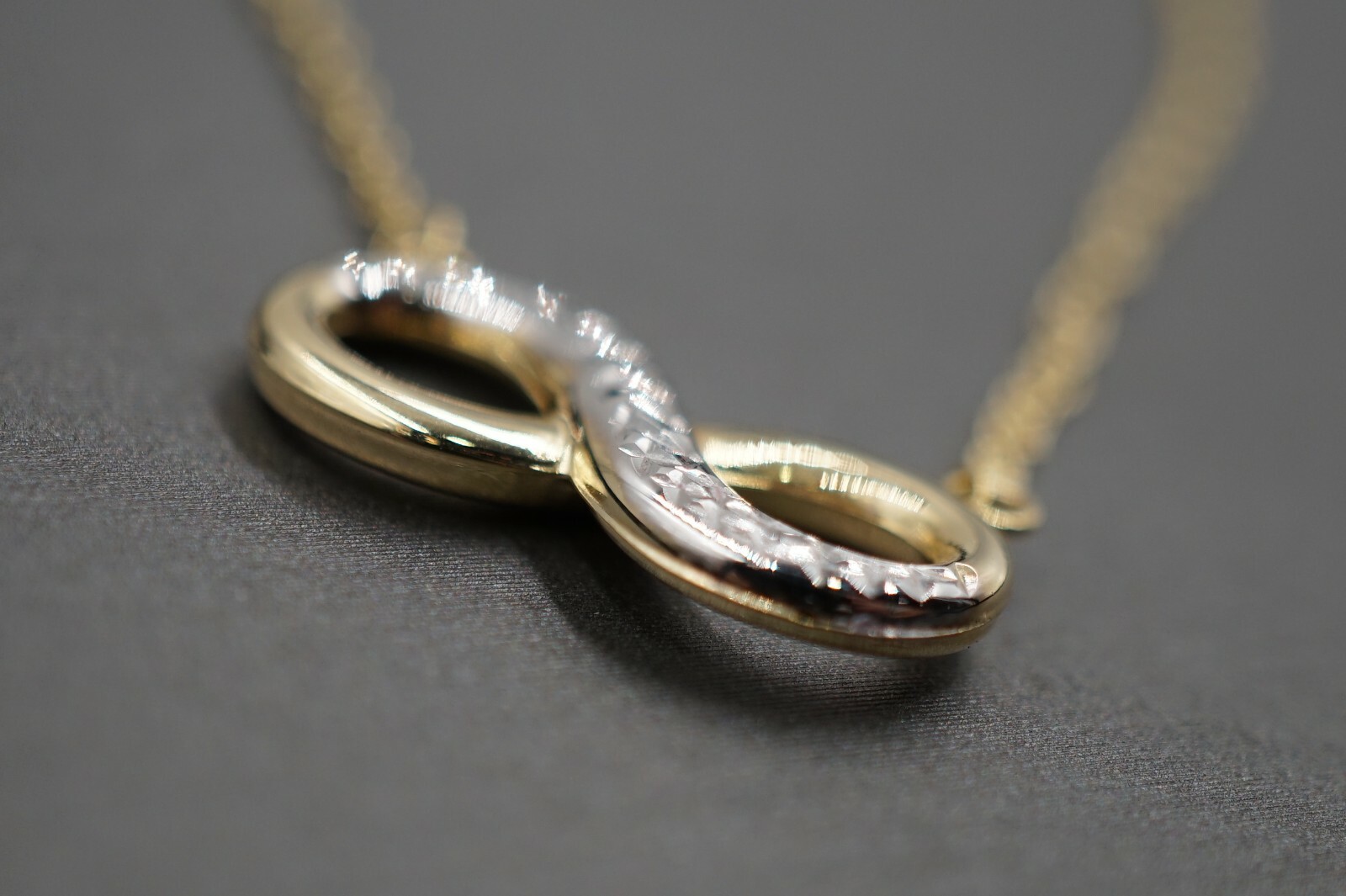 14K Yellow Gold Hollow Diamond Cut Two Tone Infinity Charm Pendant Necklace.17+1