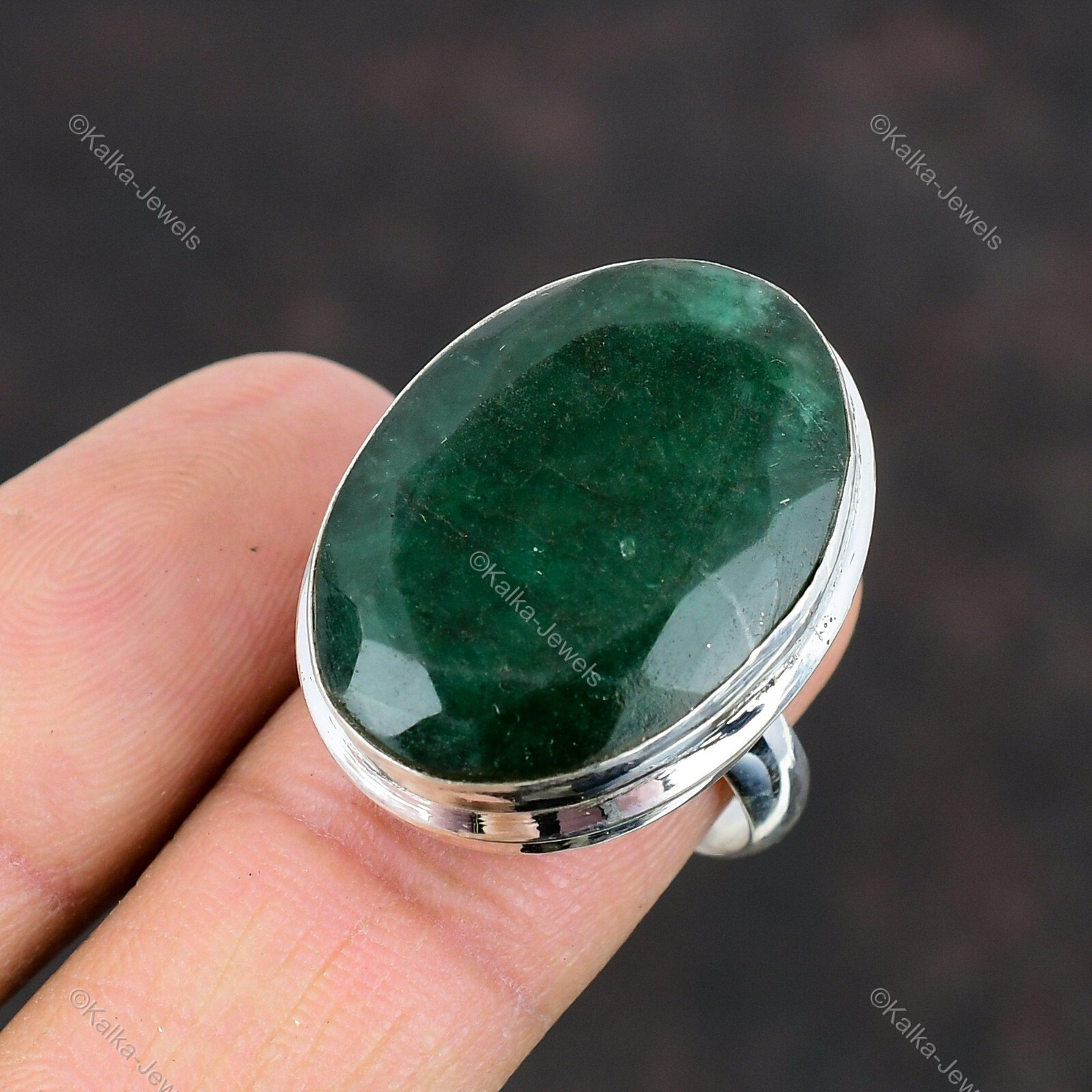 Natural Zambian Emrald Gemstone 925 Silver Solitaire Adjustable Ring For Women