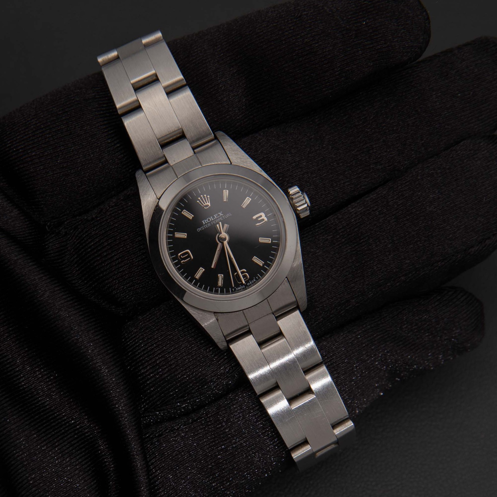 Rolex Ladies 26mm Oyster Perpetual 67180 Black Dial, Box & Paper