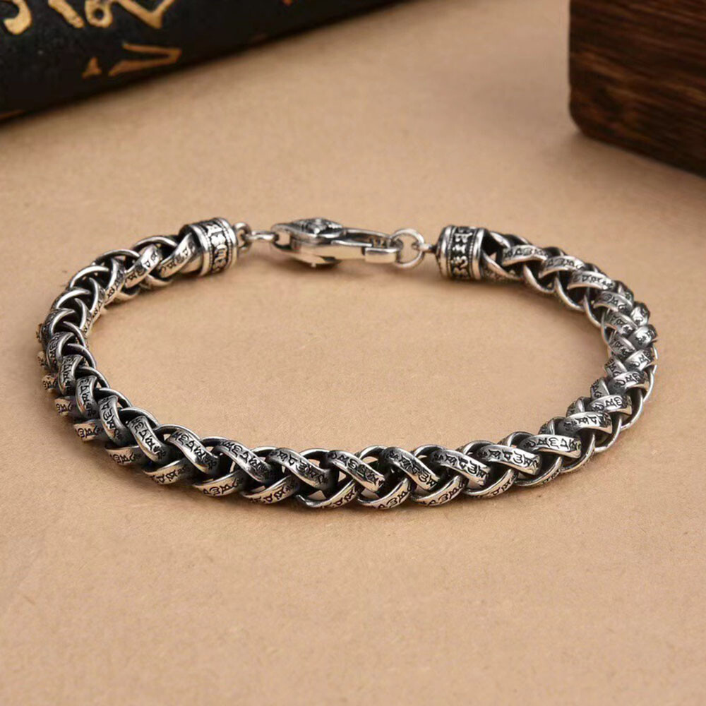 Real S925 Sterling Silver Chain 6mm Six Words Wheat Link Bracelet 34-35g 7.9inch
