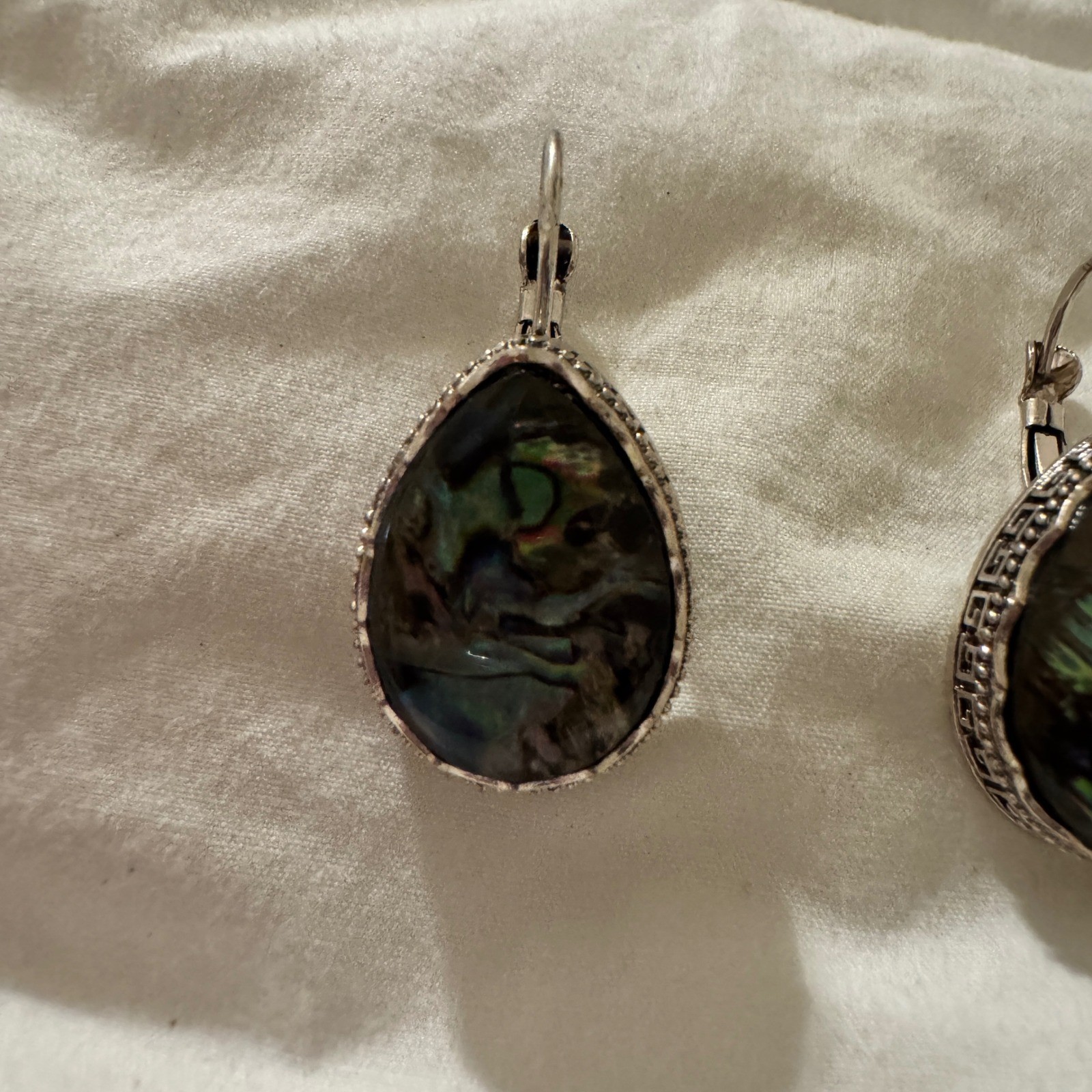 Abalone Shell Teardrop Earrings Silver Tone Greek Key Leverback Iridescent Pear