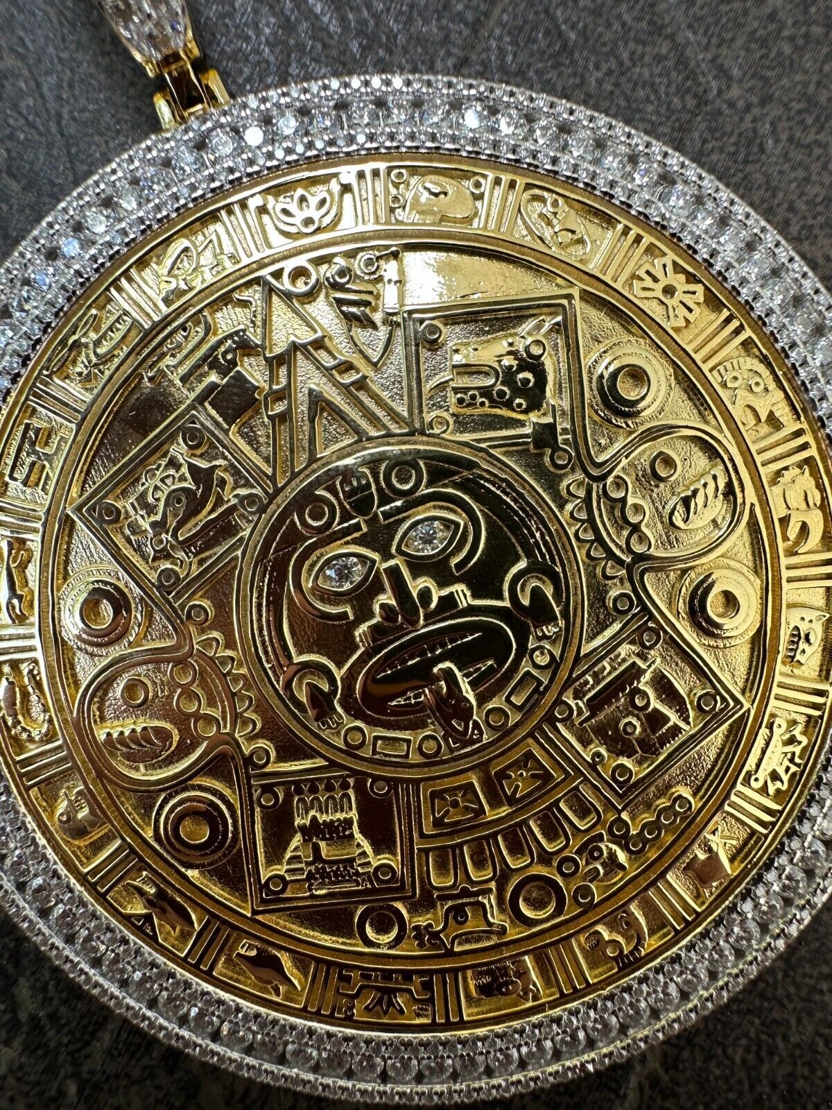 HUGE Moissanite Aztec Calendar Mayan Sun God Iced 925 Silver Pendant Necklace
