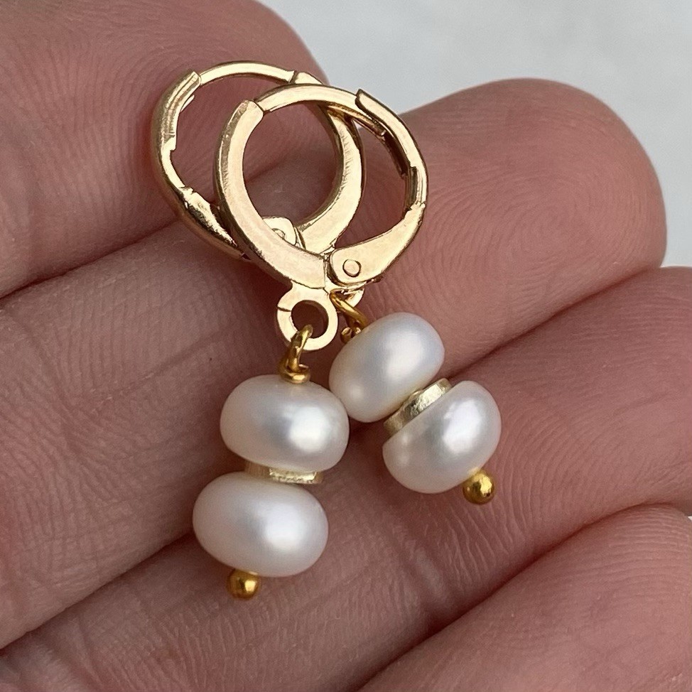 Min Favorit Genuine White Button Pearls & Gold Pl Artisan Drop Earrings