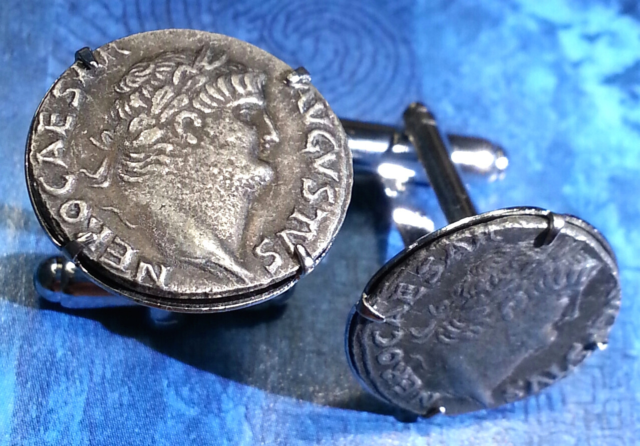 Ancient Roman Emperor Nero Silver Tone Rome Coin Cufflinks + Gift Box!