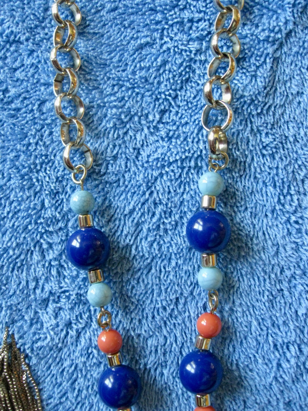 Chain & Beaded Orange & Blues Necklace “T” Logo 19″ Drop w/Metal Tassel Lobster