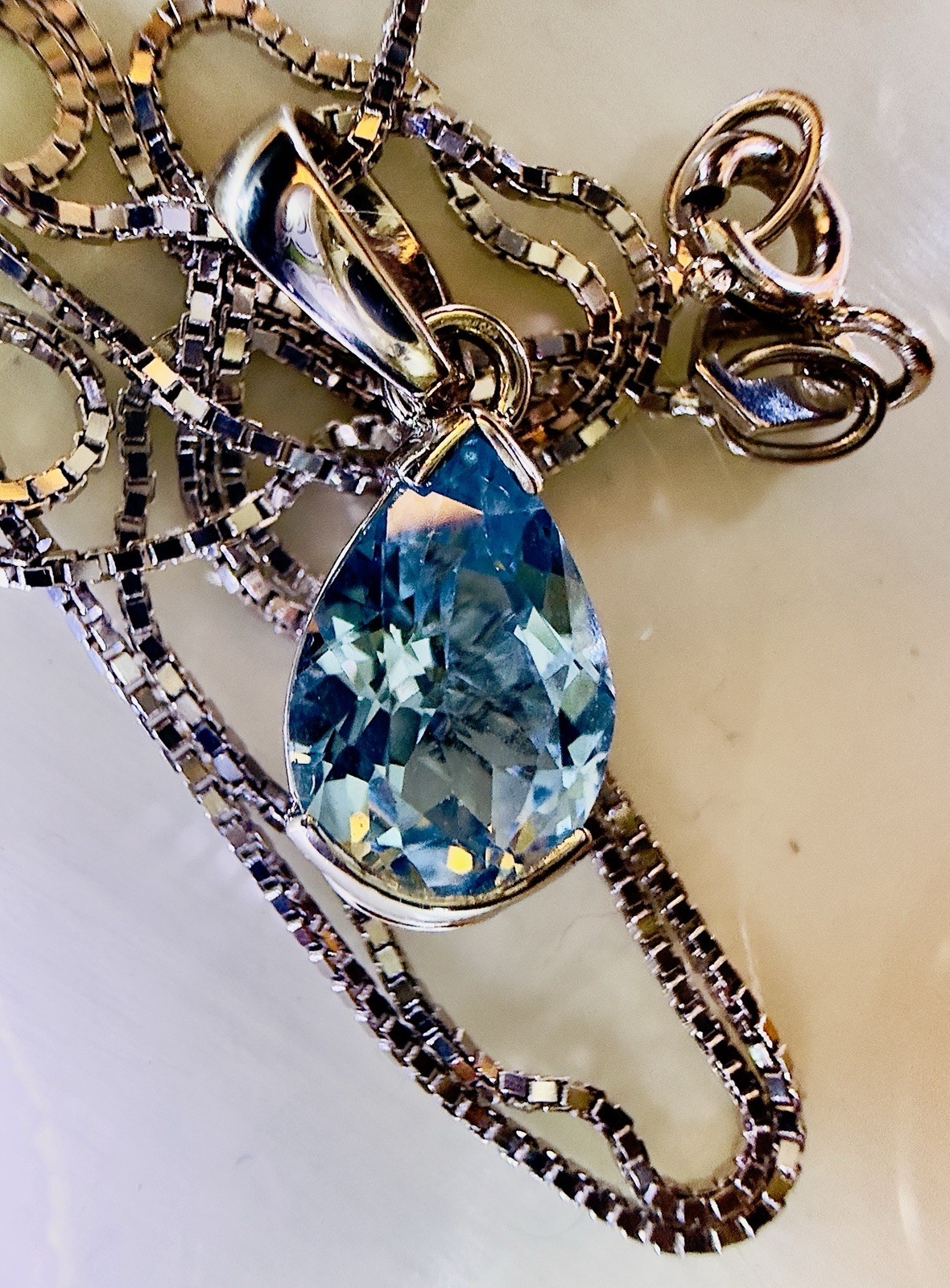 18K White Gold Le Gi Pear Cut Swiss Blue Topaz Pendant On 15.5” Box Chain 4.3g