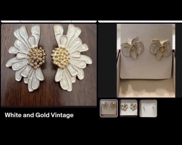 White Gold Tone Enamel Butterfly Orchid Flower Stud Earrings • White and Gold